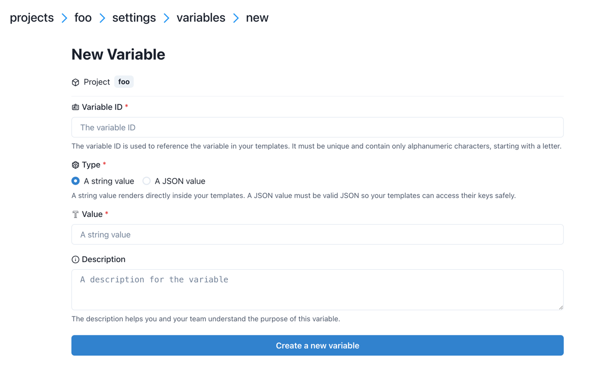 Variable form with ID, type selector, value editor, and description fields